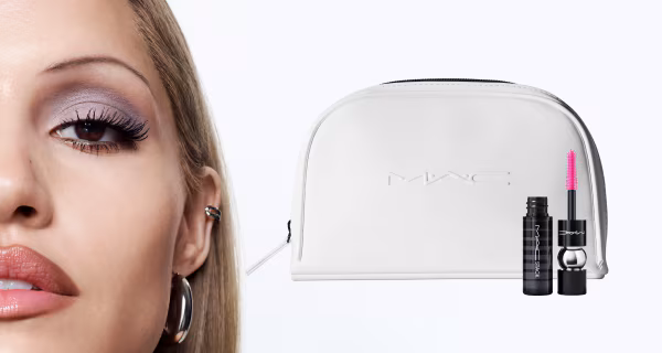 Gabriette, white makeup bag and mini macstack on white background